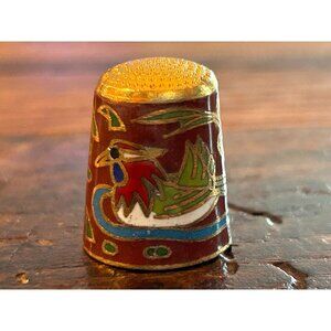 Vintage Cloisonné Thimble With Colorful Rooster Design & Gold Detailing - Ideal